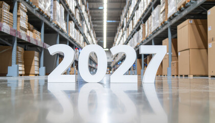 Large white numbers '2027' on a warehouse floor with shelves full of boxes in the background, symbolizing future logistics and inventory management.