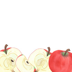 Illustration of an apple, slice, and half, hand-drawn watercolor fruit banner. Ripe realistic seasonal fruit.