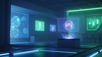 Futuristic holographic display with neon lights and digital screens on transparent background