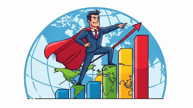 Cartoon Businessman Superhero on Global Stock Market Success.
