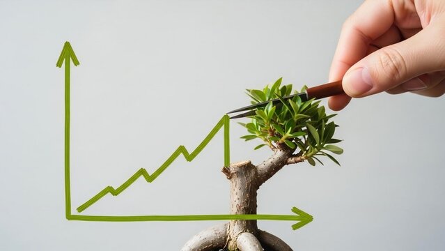 Hand pruning a bonsai, a visual metaphor for strategic business growth and development