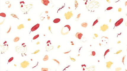 A playful pattern featuring chickens, eggs, and feathers in warm colors on a white background, perfect for farm-themed designs.