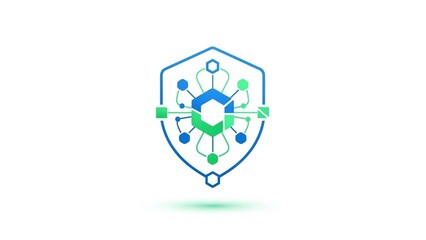 Shield logo with blue and green network connections on transparent background