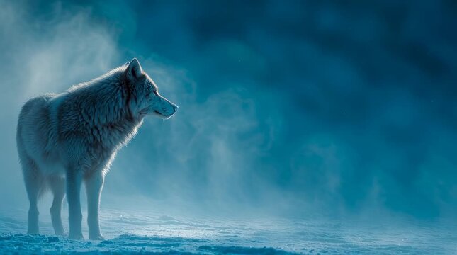A gray wolf standing on snowy ground with mist or fog around it on a blue background.