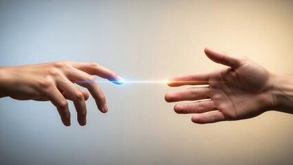 Abstract metaphor of two human hands making a digital connection with glowing light