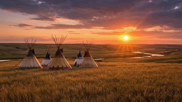 Stunning sunset over Native American tipis in a picturesque landscape with rolling hills and a river