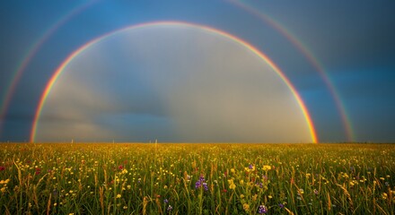 広大な雨上がりの空に鮮やかな二重の虹が力強く優雅に架かり希望に満ちた光で一面に広がる緑豊かな草原と咲き誇る小さな野花を幻想的に照らし出す美しい情景. AI Generated
