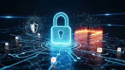 Cyber security concept with glowing blue lock and shield on transparent background with digital circuit board