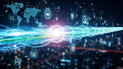 Futuristic glowing network connections with icons on transparent background