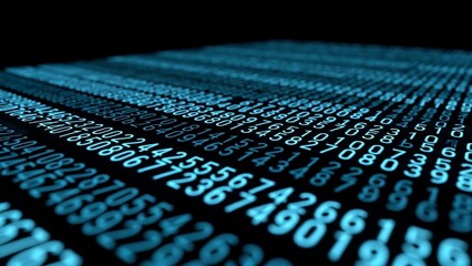 Glowing blue numbers and codes on a digital screen on transparent background