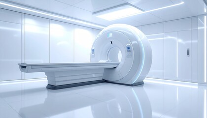 Futuristic firefly medical mri machine in a sterile, ultra-realistic empty room, advanced technology