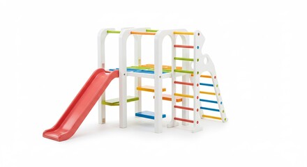 鮮やかな色合いの子供用遊具すべり台とジャングルジム明るい光でくっきり映えるクリーンな白背景が特徴. AI Generated