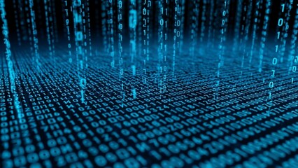 Blue binary code matrix with falling 1s and 0s on transparent background