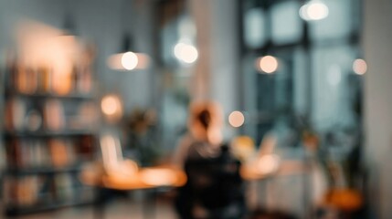 Fototapeta premium A blurred scene of a workspace with warm lighting, emphasizing a person working at a desk surrounded by books and plants.