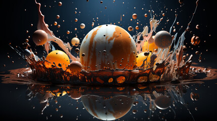 Colorful glossy spheres burst through swirling chocolate and cream splashes, creating a dynamic cosmic dessert scene full of motion, shine, and vibrant energy.