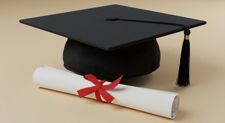 柔らかな光が当たる空間に置かれた黒い卒業帽と赤いリボンで丁寧に巻かれた卒業証書長年の努力が実り新たな未来へと旅立つ希望と達成感に満ちた瞬間を美しく表現. AI Generated