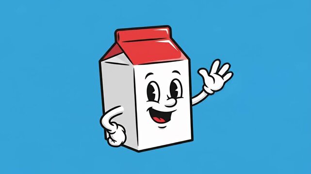 Cartoon Milk Carton Character Waving Hello on Blue Background.