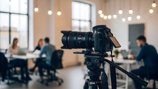 Professional digital camera mounted on a tripod captures a business meeting or interview in a softly lit modern office environment with people working in the background