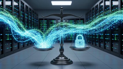 Cyber security balance scale with glowing blue and green data streams on transparent background
