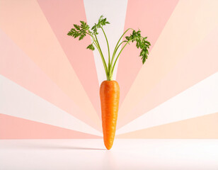 A vibrant, fresh carrot with green leaves stands upright against a minimalist background of radiating stripes in shades of pink and peach.