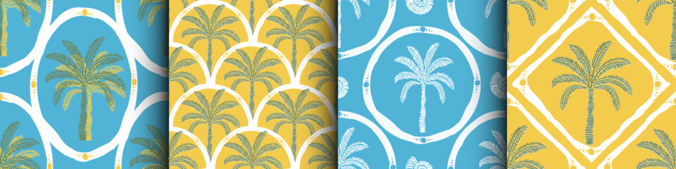 palm tree, marine theme retro geometric seamless pattern, texture background set. Trendy swimwear design, ornament print , banner, wrapping paper, greeting card