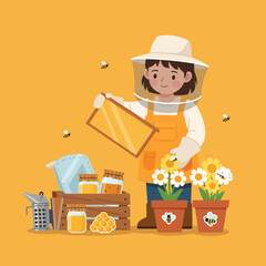 Beekeeper Harvesting Honeycomb and Jars