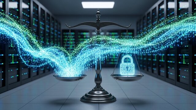 Cyber security balance scale with glowing blue and green data streams on transparent background - Powered by Adobe