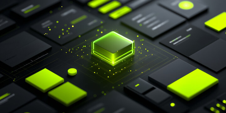 Futuristische Darstellung schwarzer Blockchain Mikrochips mit neongelben Akzenten