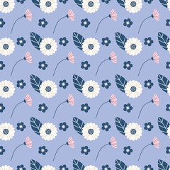 Seamless Minimalist Floral Pattern with Hand-Drawn Botanical Motifs in Pastel Blue and Neutral Tones for Textile and Wallpaper Design