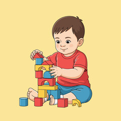 Cute Toddler Boy Building Blocks Tower Playtime
