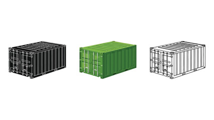 Set of three shipping container icons in black silhouette, green color, and outline illustration