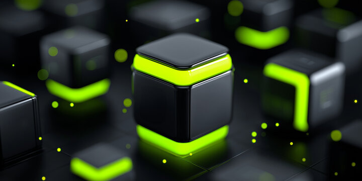 Futuristische Darstellung schwarzer Blockchain Mikrochips mit neongelben Akzenten