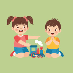 Happy Kids Playing With Toy Train Fun