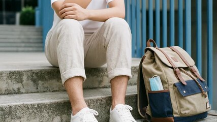Casual young adult sitting on steps with backpack and face mask, perfect for lifestyle and travel themes