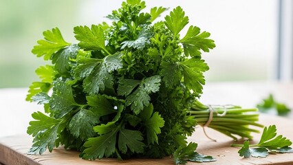みずみずしいパセリの束が柔らかな自然光に包まれ食卓を鮮やかに彩る。料理を豊かにする新鮮なハーブの香り。. AI Generated