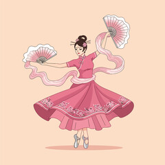Elegant Chinese Dancer with Fans and Ribbons
