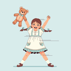 Happy Girl Jumps Holding Teddy Bear Toy