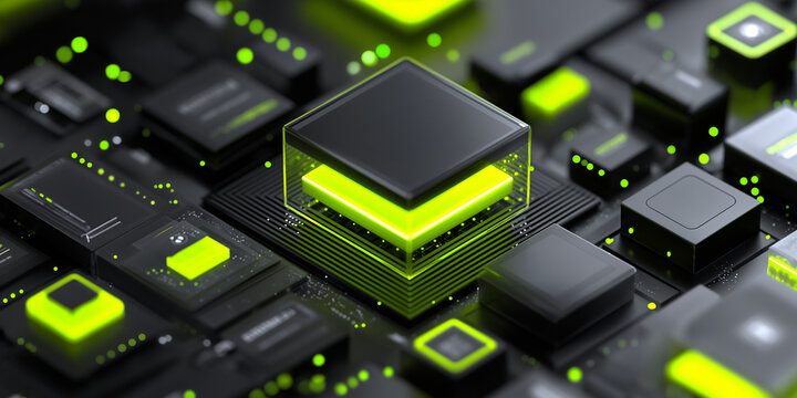 Futuristische Darstellung schwarzer Blockchain Mikrochips mit neongelben Akzenten