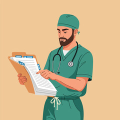 Bearded Surgeon Checking Patient Medical Chart