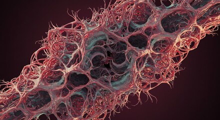 赤く複雑に絡み合う不規則な異常細胞組織を劇的な光が深紅の質感と躍動感を鮮やかに際立たせる生物学的顕微鏡イメージ. AI Generated