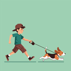 Boy Running With Beagle Dog On Leash