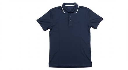 白い背景で鮮やかに際立つ紺色ポロシャツ明瞭な光がシンプルさと清潔感を強調するアパレル商品. AI Generated