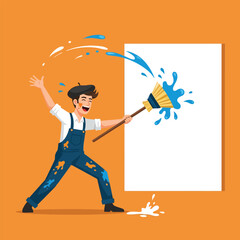 Joyful Artist Splashing Paint with a Broom