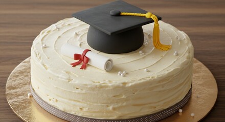 柔らかな光が降り注ぐ温かい木目調のテーブルに置かれた美味しそうな卒業祝いの豪華なケーキ ふわふわの生クリームと学位帽そして赤いリボンで飾られた証書が輝かしい未来への新たな一歩を祝福する. AI Generated