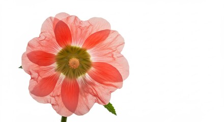 純白の背景に明るく輝く赤ピンク色の花びらが優雅に浮かび上がる逆光が織りなす繊細な透明感がミニマルな空間で幻想的な美を表現. AI Generated