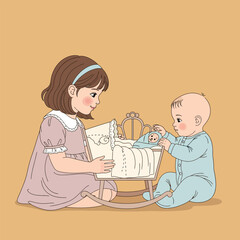 Toddler Girl and Baby Playing Nursery Role