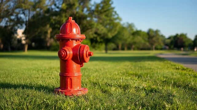 Bright red fire hydrant on a sunny day in a green park setting, perfect for urban photography