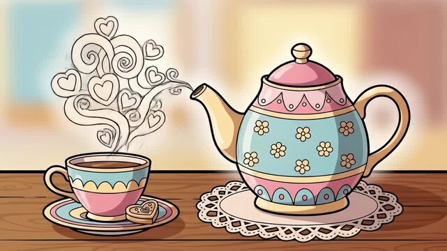 Charming Tea Time: A Whimsical Illustration of Tea and Love.