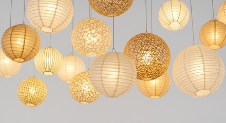 様々なデザインの丸い吊り下げ照明が温かい柔らかな光を放ち空間全体を幻想的に照らす. AI Generated