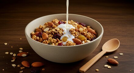 温かい光が差し込む木製テーブルで牛乳が注がれる彩り豊かなグラノーラとナッツの朝食 美味しそうで健康的な一日を始める瞬間. AI Generated